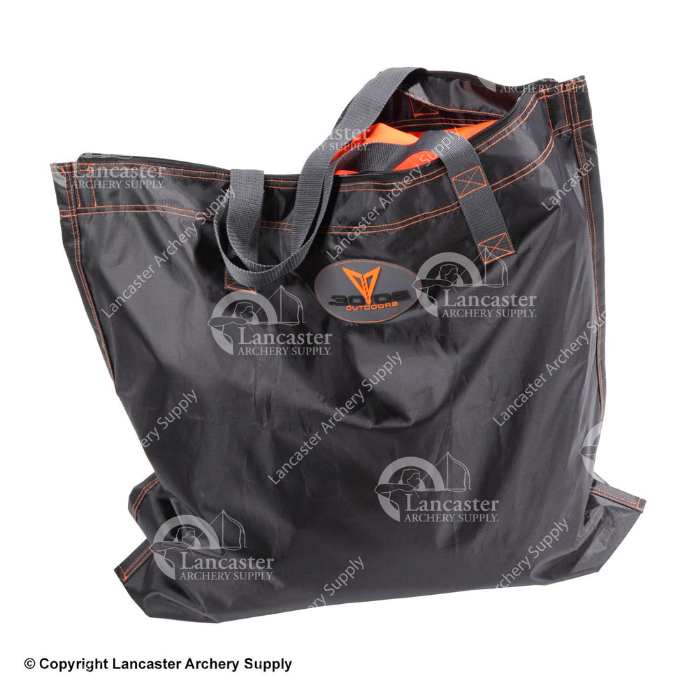 Black storage bag with 30.06 logo on the front, orange stitching, and an orange interior. 