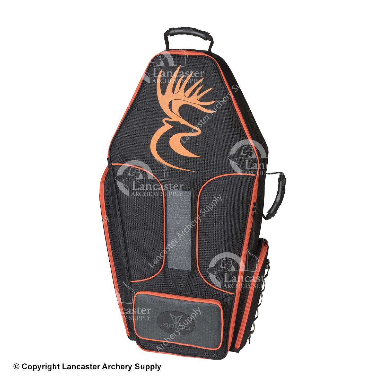 A black coffin-shaped crossbow case with orange accents and an orange buck head decal on the front.