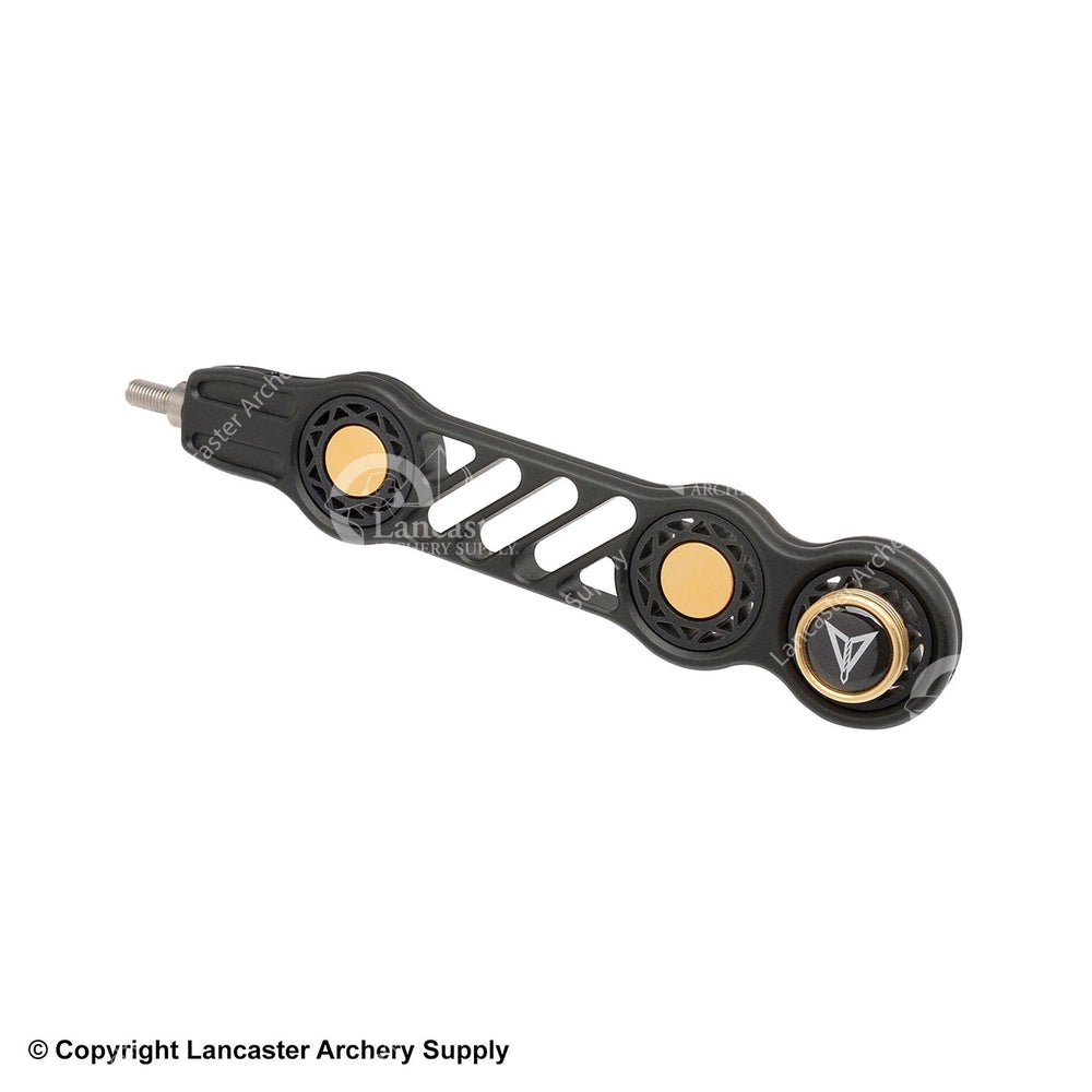 A thin black stabilizer with gold circular dampers throughout the body. 