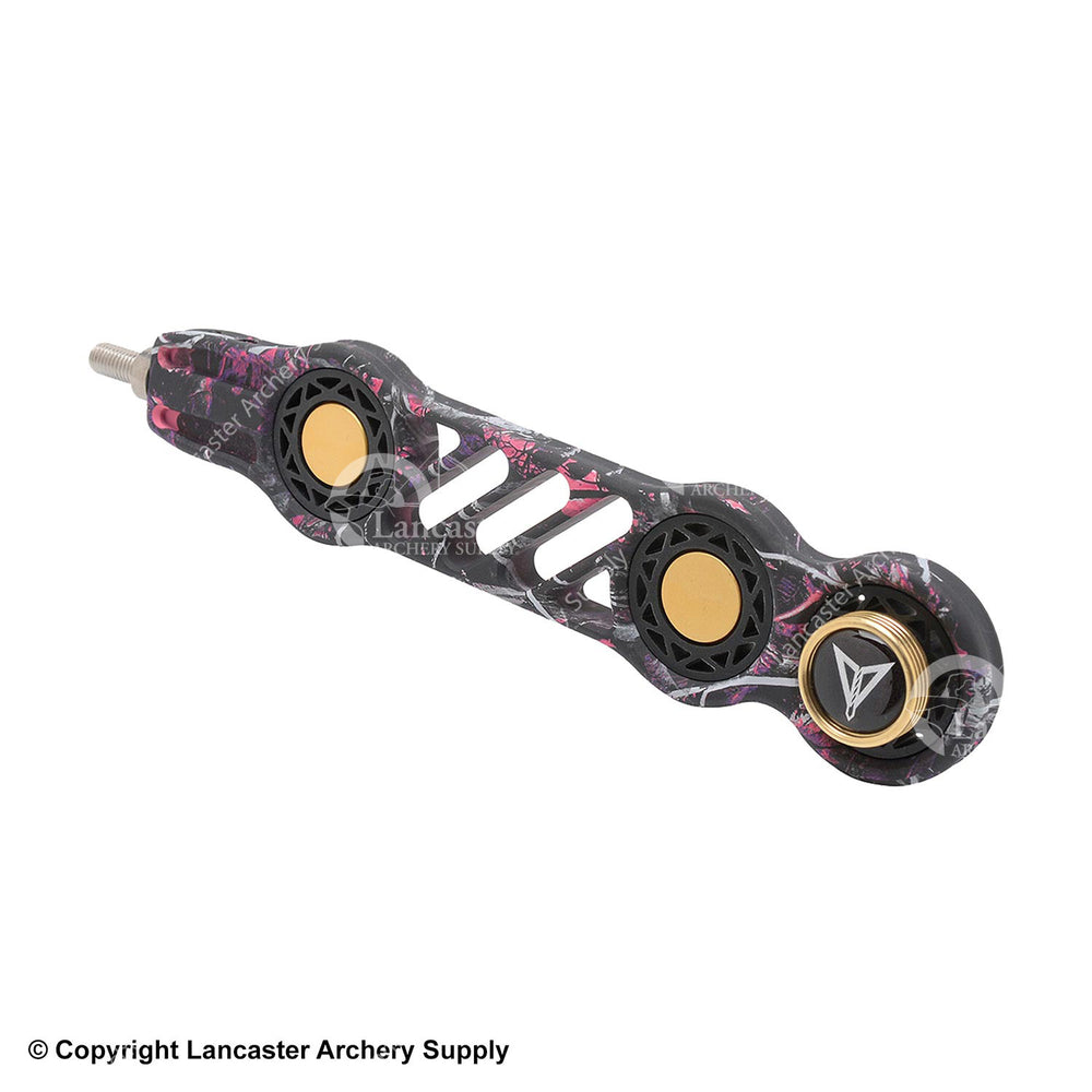 Pink camo stabilizer with gold circular dampers. 