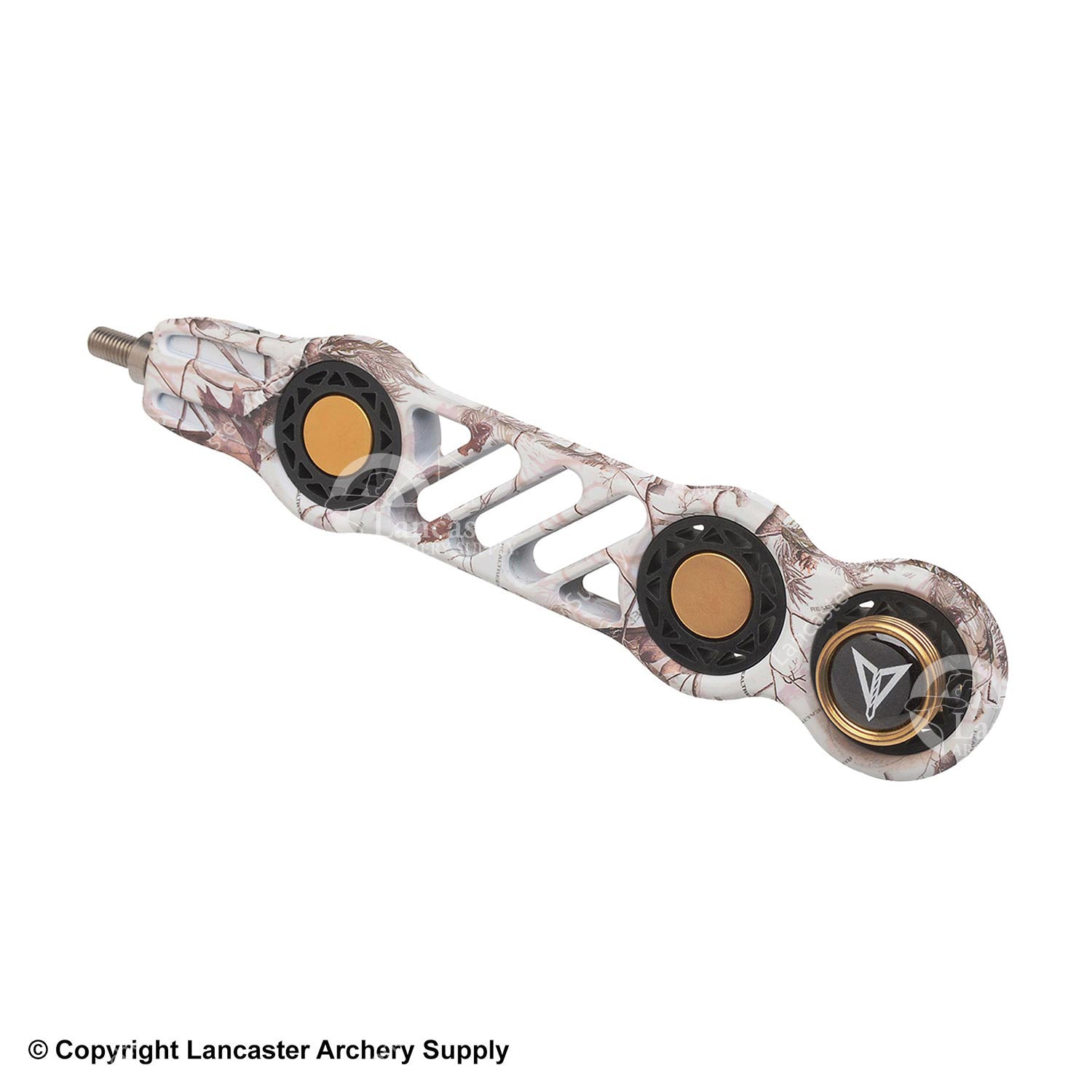 Snow camo stabilizer with gold circular dampers. 