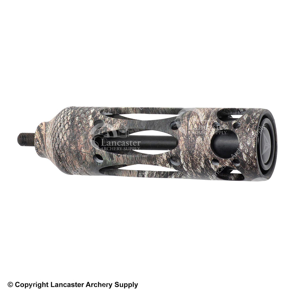 A thin black stabilizer with a camo stabilization cage for vibration dampening. 