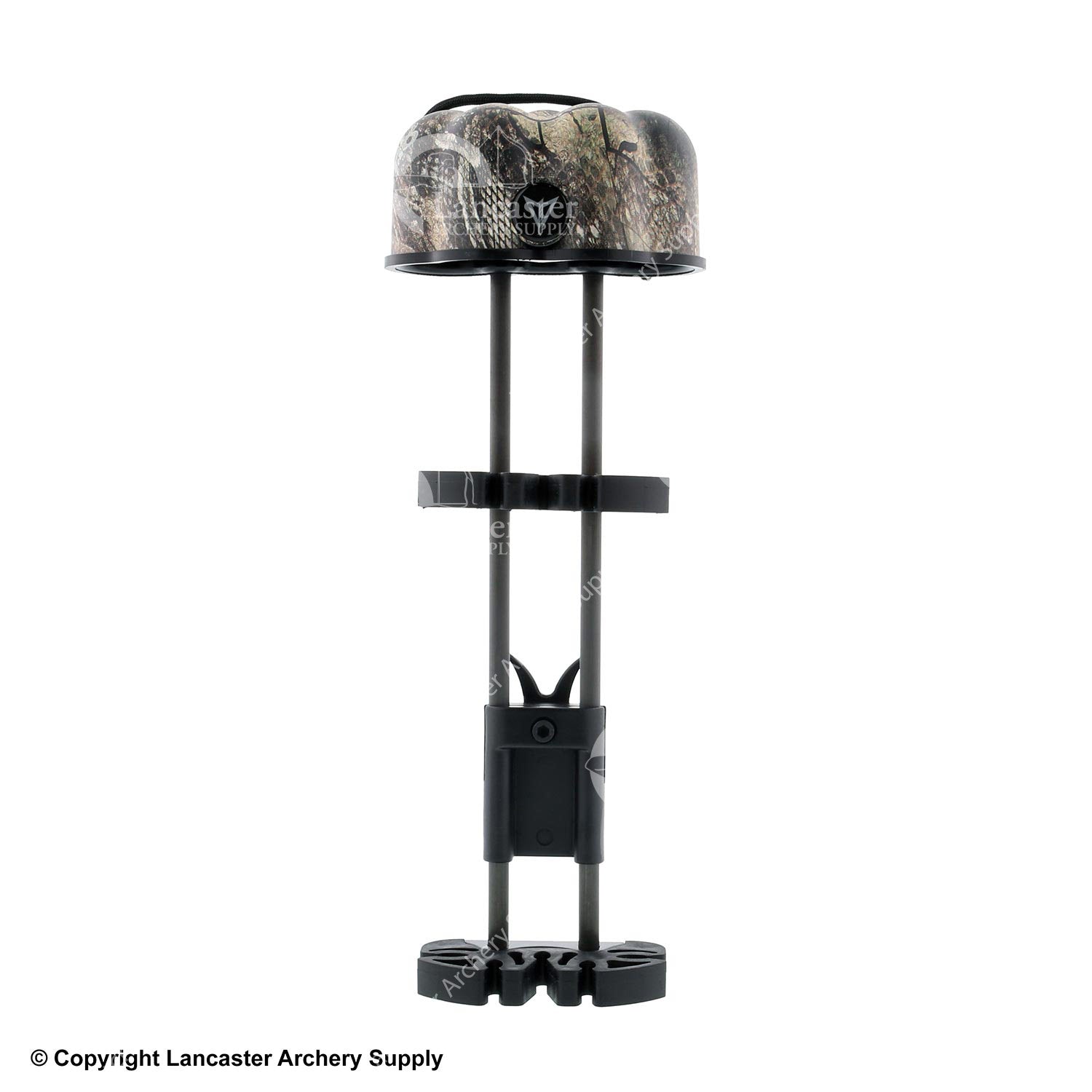 A camo bow quiver that can attach to a bow. It has slots to hold arrows and a small broadhead shield.
