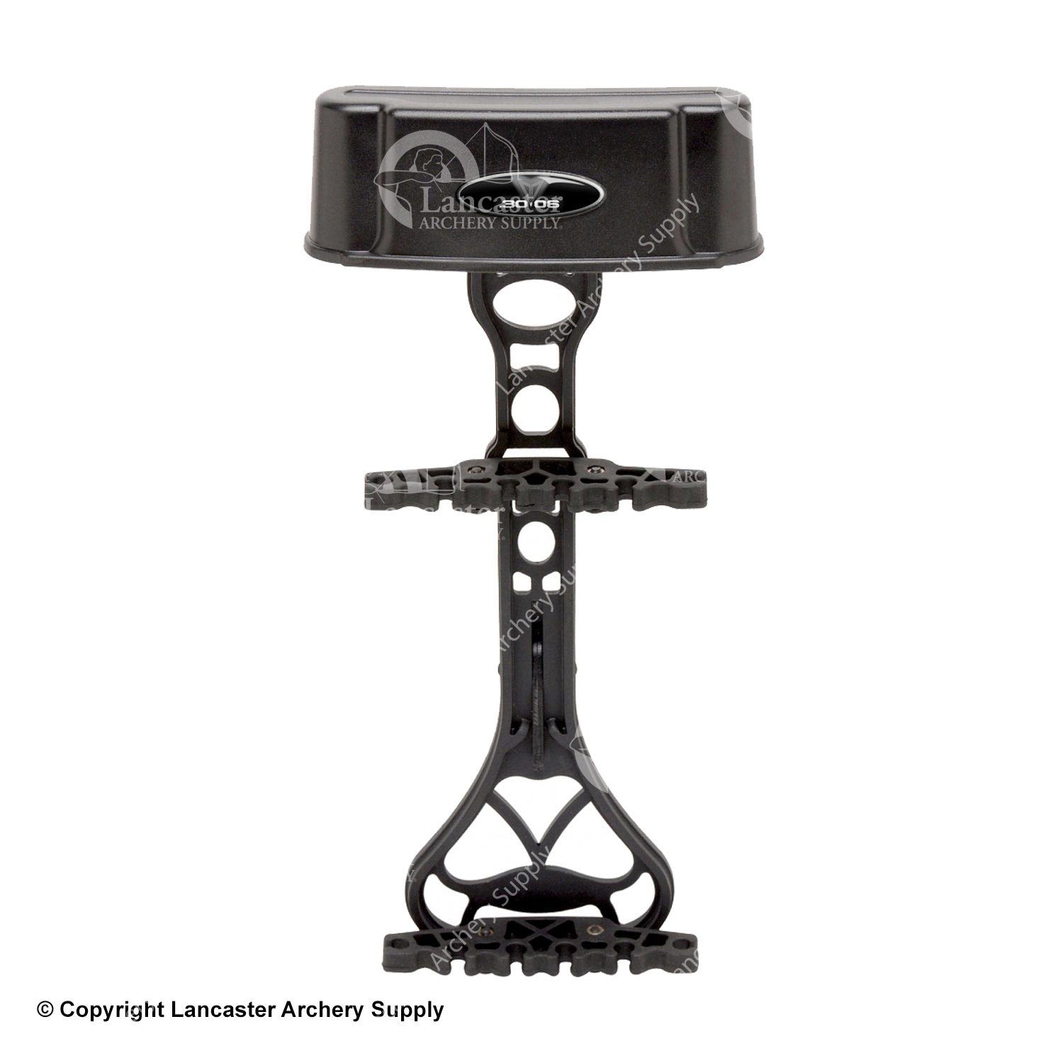 A black bow quiver that can attach to a bow. It has slots to hold arrows and a broadhead shield.