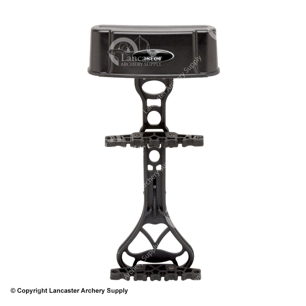 A black bow quiver that can attach to a bow. It has slots to hold arrows and a broadhead shield.