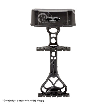 A black bow quiver that can attach to a bow. It has slots to hold arrows and a broadhead shield.