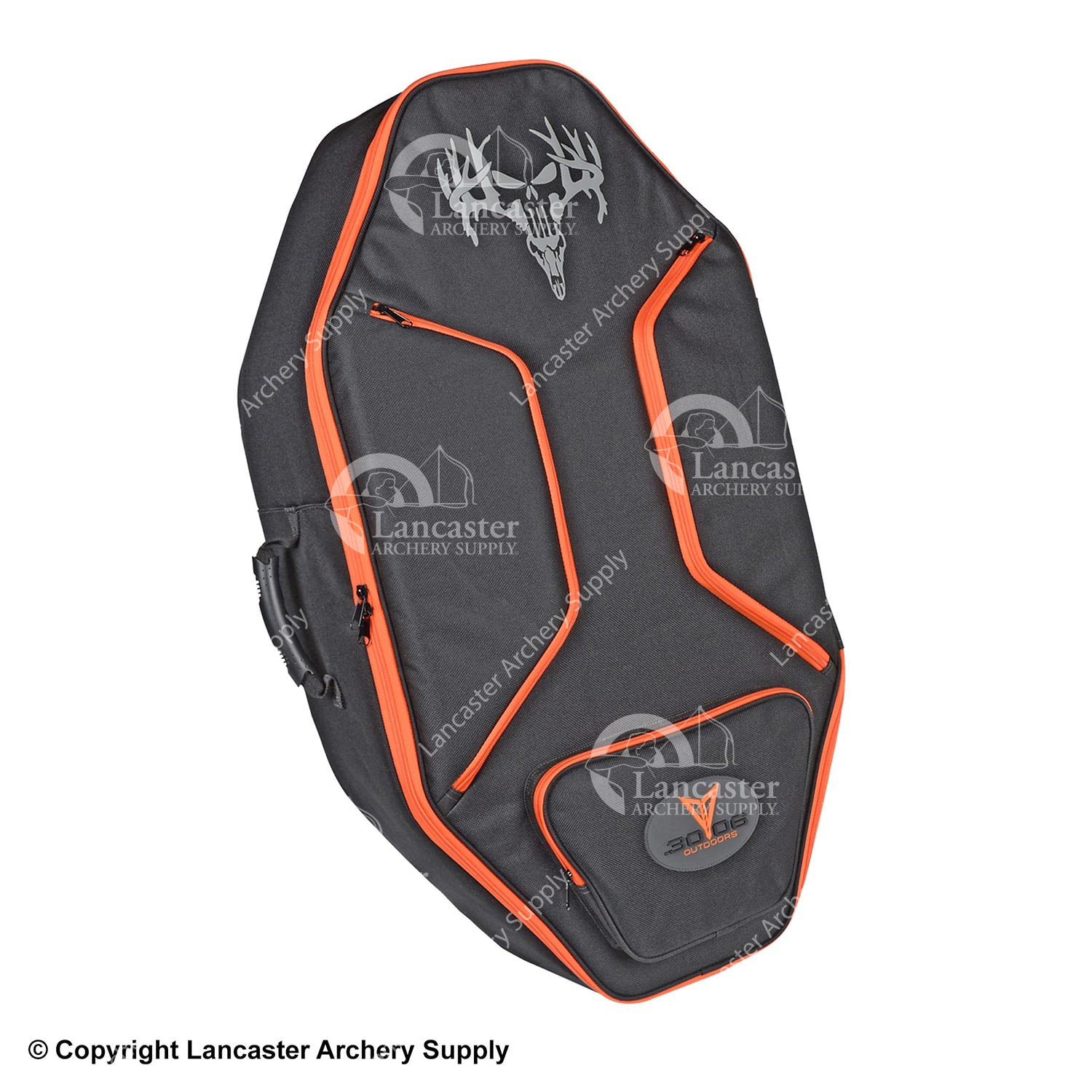 The front of the black crossbow case with orange accents. 