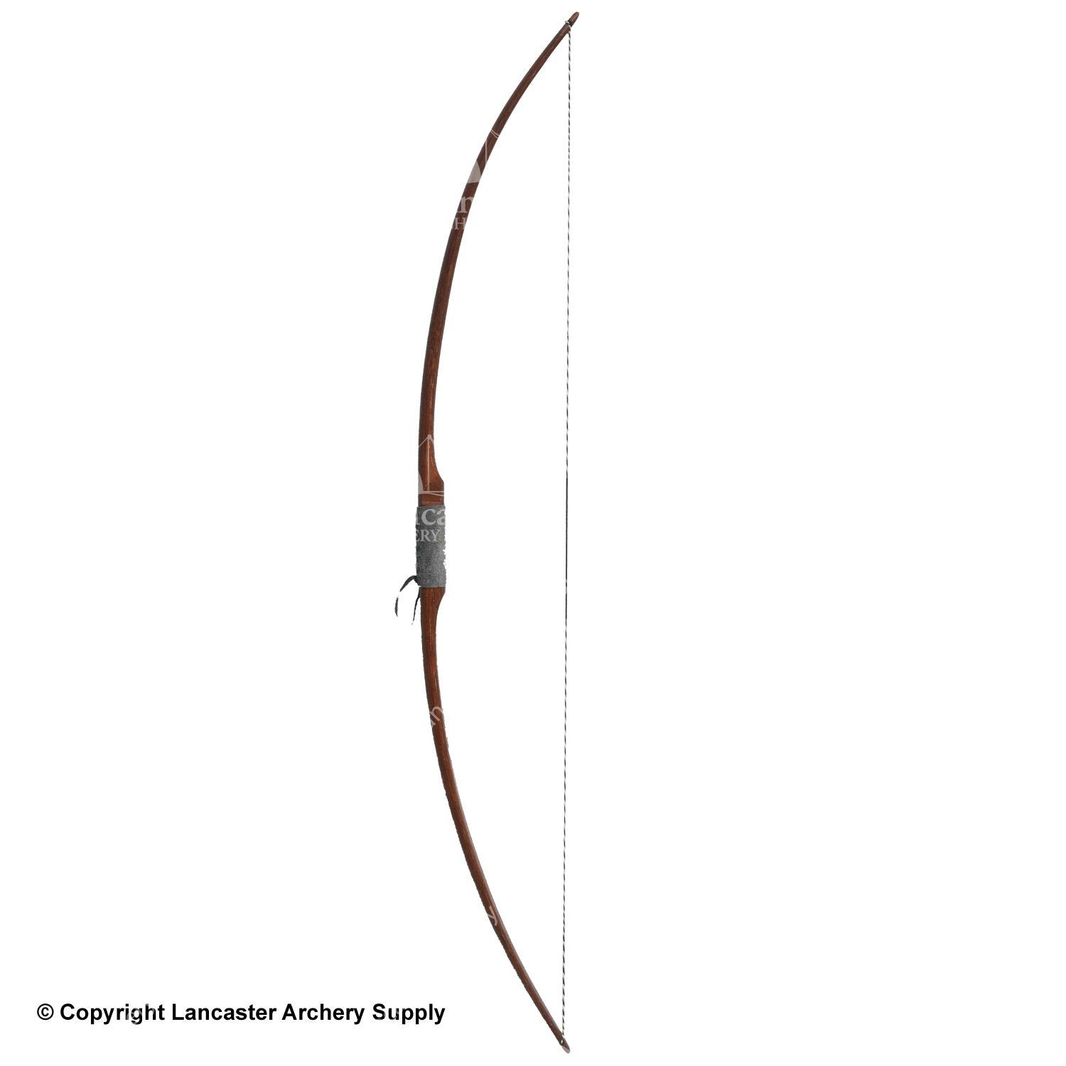 A strung one-piece wooden bow with a a gray leather grip wapped and tied on the bow. 