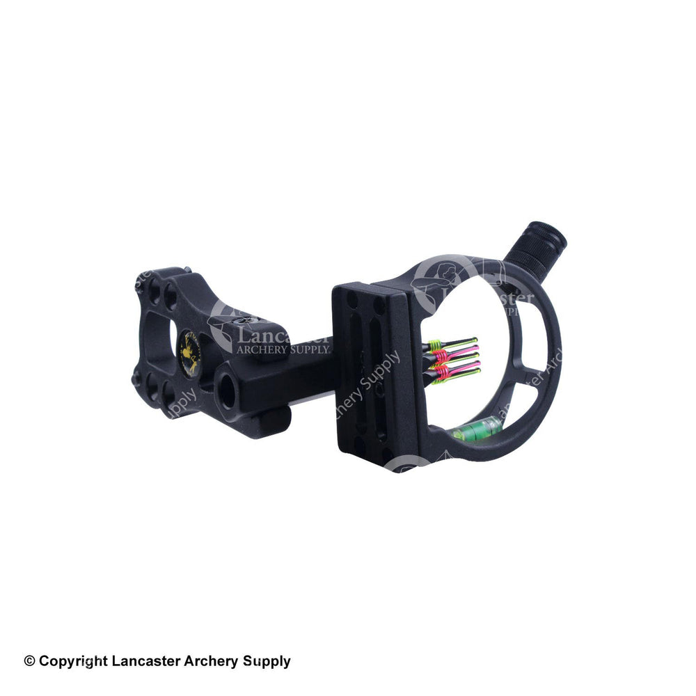 The back of the sight, showing the green, red, yellow, red, and green pin fibers in that order.