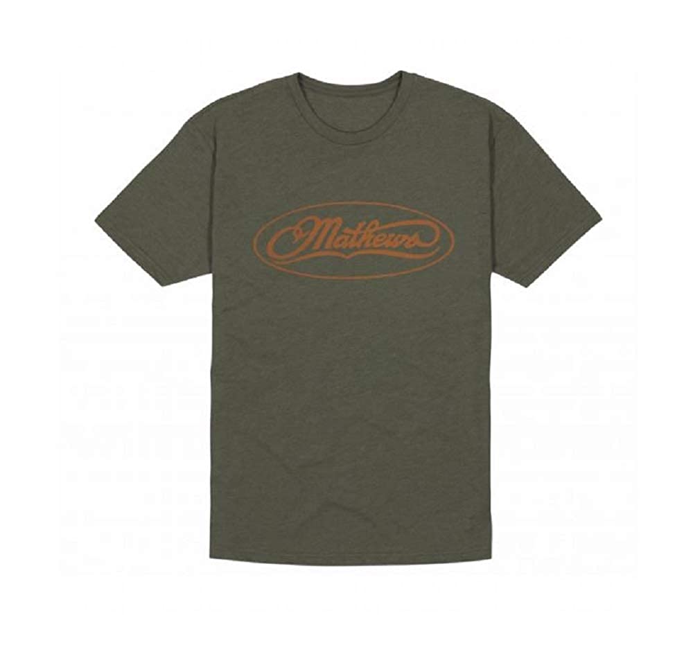 sage green tee with orange Mathews logo