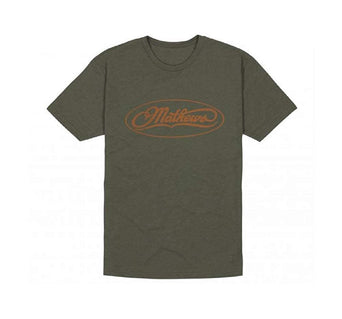 sage green tee with orange Mathews logo